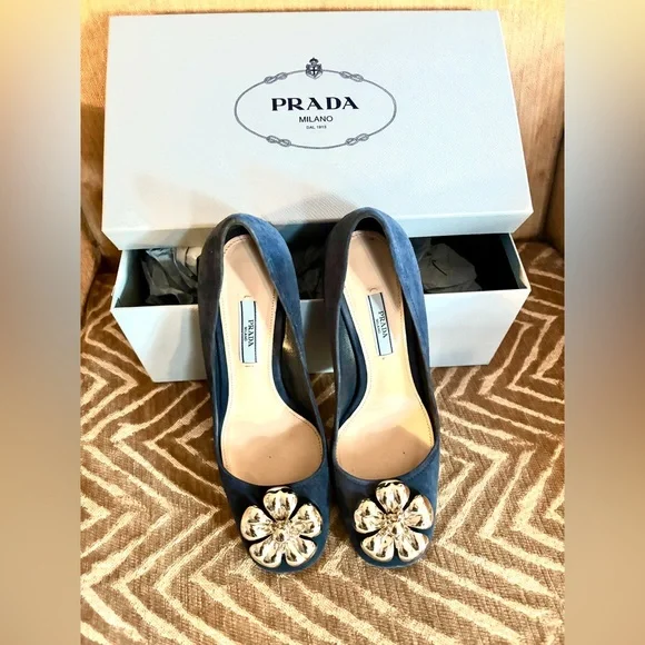 Prada Women's Blue Suede Block Heels with Silver Floral Accent 6.5 - Picture 5 of 6